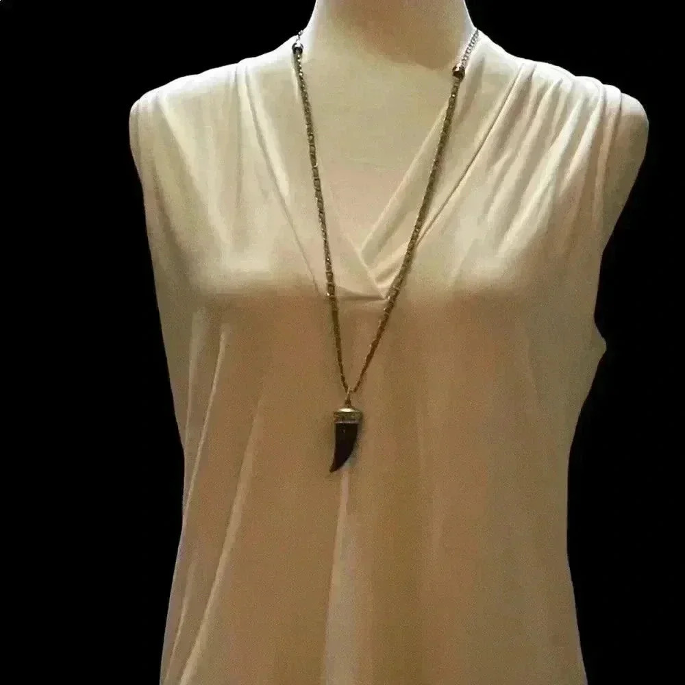 Lia Sophia Cornucopia Necklace - silver-tone w/ sage green suede cord brown horn - Picture 2 of 5